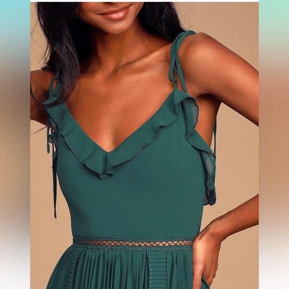 Lulu’s Emerald Green Tie-Strap Pleated Midi Dress Emerald Green XS - Picture 2 of 16